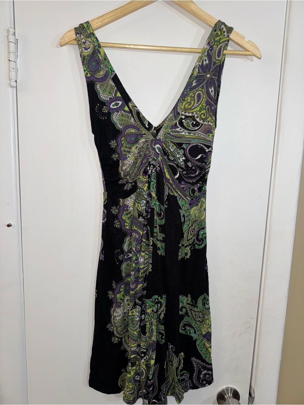 Black Paisley V-Neck Midi Dress with Green & Purple Print